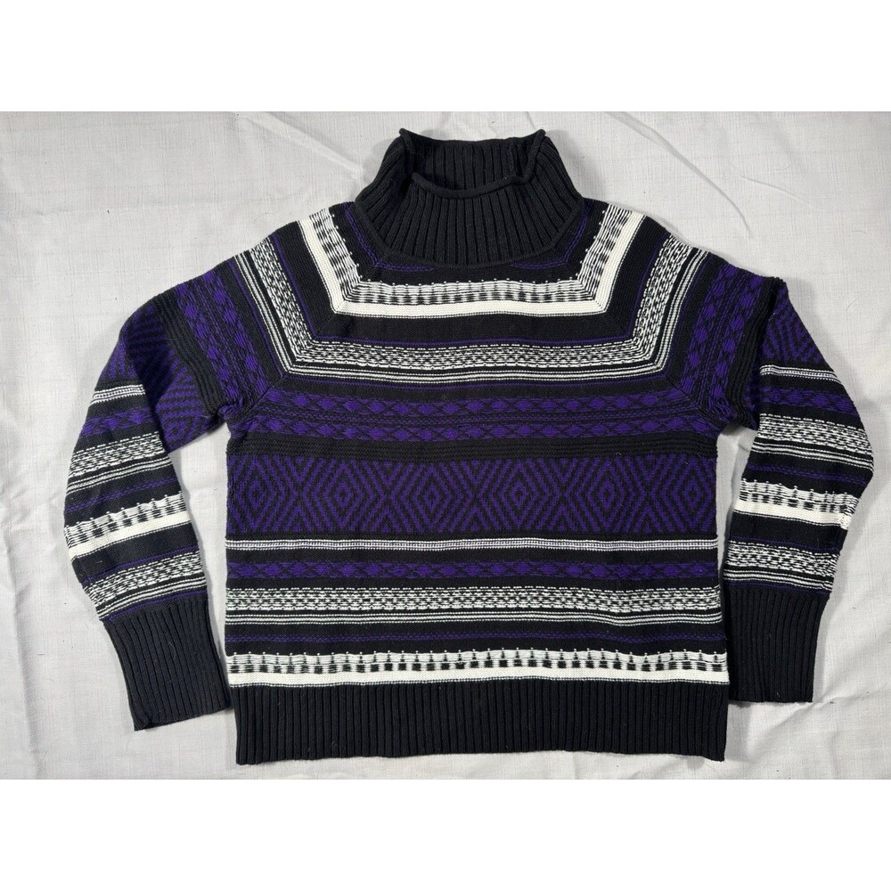 Chaps Sweater Womens Large Black Purple Fair Isle Mock Neck Pullover Nordic Boho